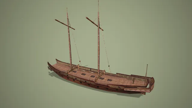 写实风格无帆双桅古风木船 3D 水上场景道具模型