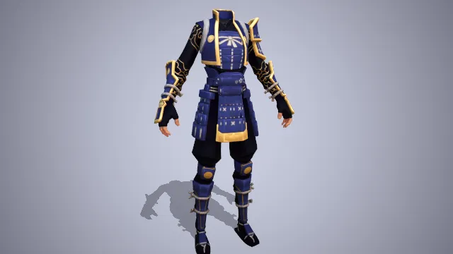 蓝色战士服装，护腕护膝用绳子固定