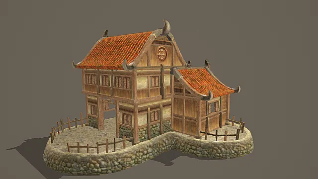 国风苗寨风格临水民居模型