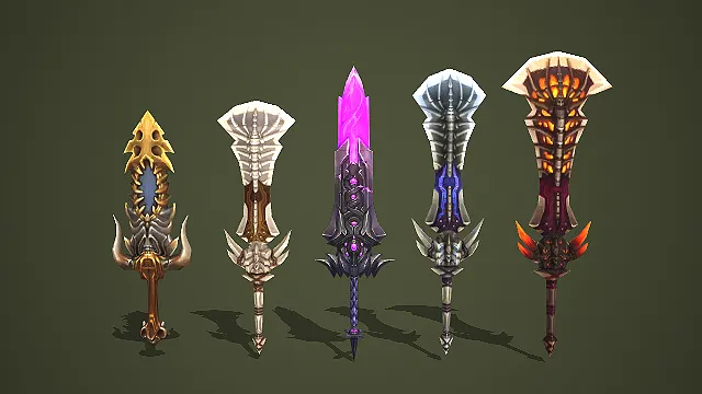 五款暗黑魔幻风格骨纹巨剑武器道具模型