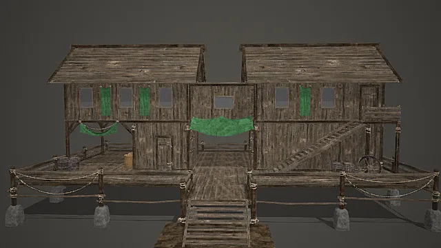 国风渔村风格临水双栋连廊木屋模型