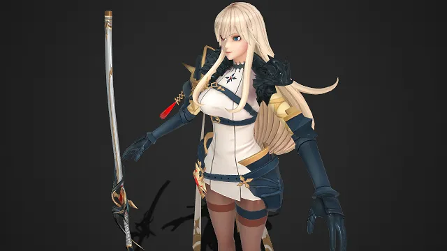 女骑士  金色长发  骑士铠甲  金色十字装饰  高跟鞋  长剑  英勇气质  优雅魅力  高贵典雅