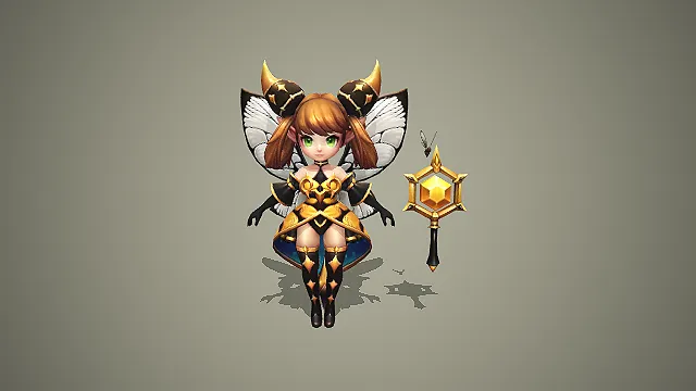 卡通 Q 版黑金蝶翼精灵少女带几何法杖 3D 游戏角色模型