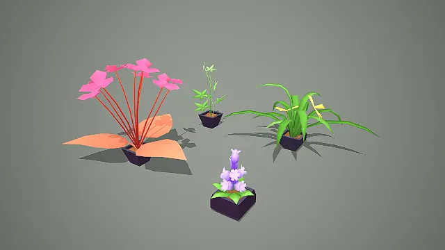 卡通低模多品类盆栽植物 3D 模型套装 室内装饰素材