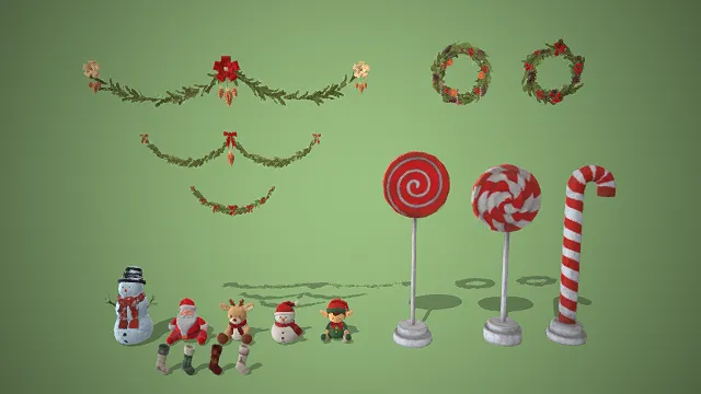一组圣诞主题的3D装饰模型，包含花环挂饰、糖果造型摆件、雪人、圣诞老人等玩偶