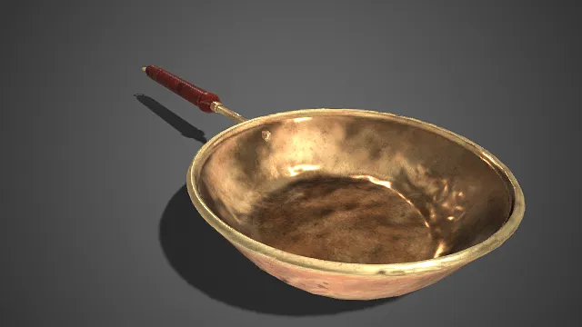 复古风格  铜制煎锅  温润的金棕色泽  斑驳肌理  木质长柄  实用性  厨房炊具 