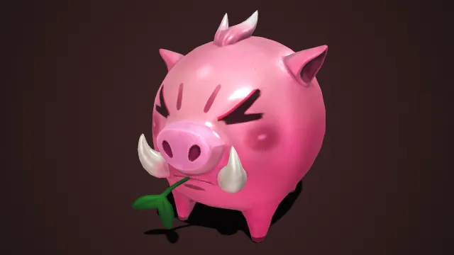 凶萌反差  粉红野猪  白色獠牙  怒脸表情  尖刺头冠  搞怪趣味  猛兽元素  萌态身形