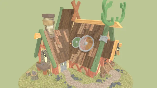 有木制鹿角的木屋建筑房子场景