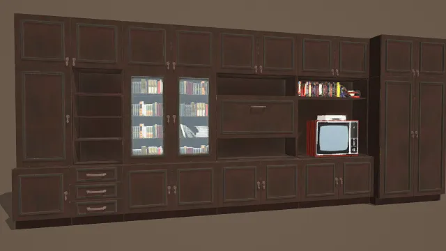 3D卡通风格棕红系复古家居场景模型，创意设计（3D家具场景、卡通风格、复古家居风，场景设计主题）