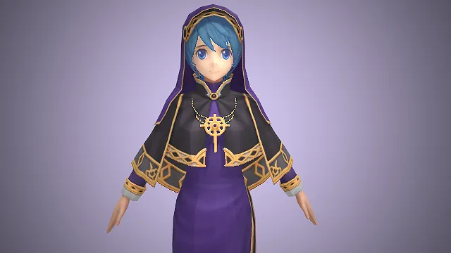 一个蓝发神官少女的3D模型，搭配兜帽与宗教配饰