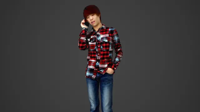 活力休闲风红格衬衫配蓝牛男性持机通话形象 3D 模型