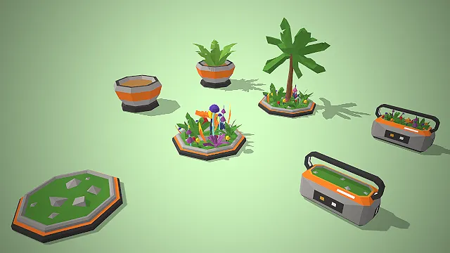一套低模多边形风格的科幻植物盆栽模型