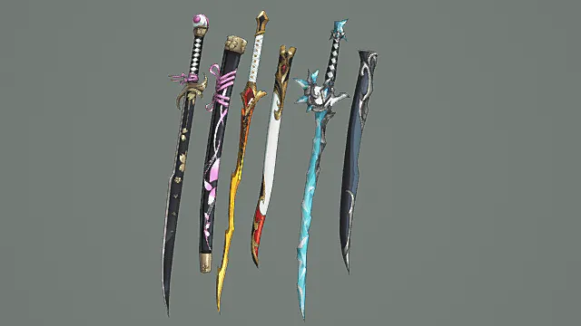 萌系奇幻刀剑游戏武器套装3D模型 