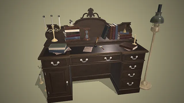 复古实木书桌  维多利亚风  古籍堆叠  煤油灯  