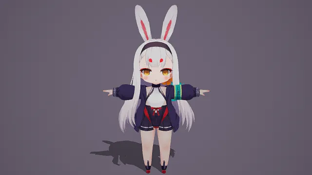   3D卡通风Q版兔耳少女角色模型，创意设计（3D Q版少女、卡通风格、可爱奇幻、二次元主题、兔耳元素）