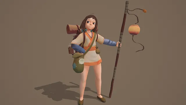 3D卡通风格白橙蓝绿系冒险少女角色模型，创意设计（3D角色、卡通风格、奇幻冒险风，角色设计主题）