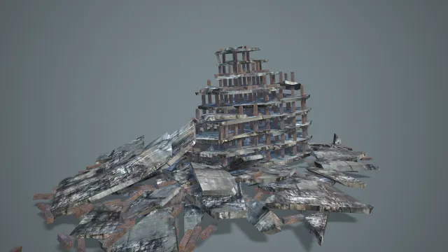 写实风格坍塌石木多层结构废墟 3D 模型 战争场景搭建素材