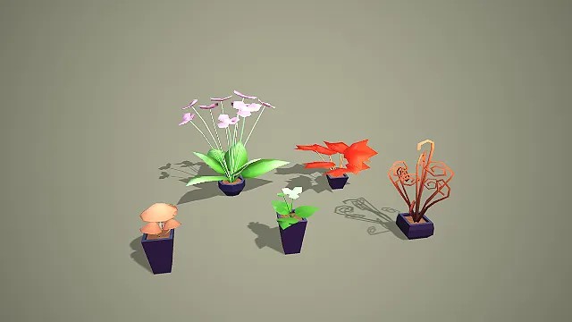 卡通低模多品类盆栽植物 3D 模型套装 室内场景装饰素材