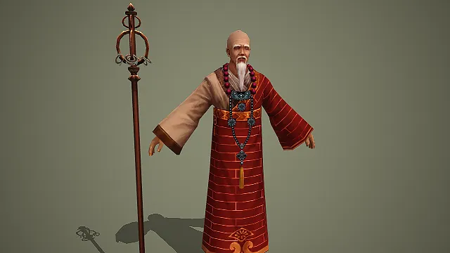 身披红袈裟的白须老僧古风男性游戏角色模型