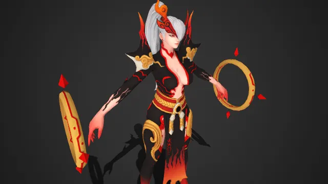 玄幻女妖  角饰头冠  妖异红瞳  魅惑  黑红主色调  仙侠元素  金纹装饰  火属性  金环武器