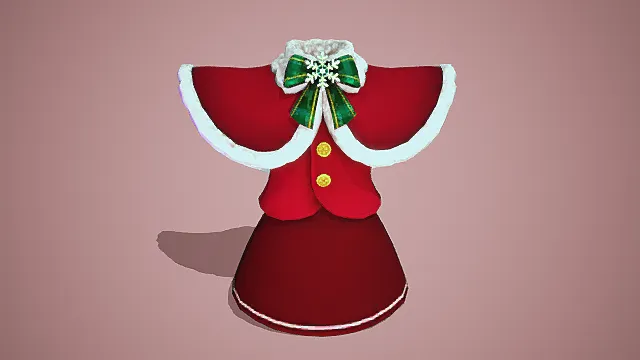 红色圣诞风裙装3D模型，带毛绒边与绿白蝴蝶结