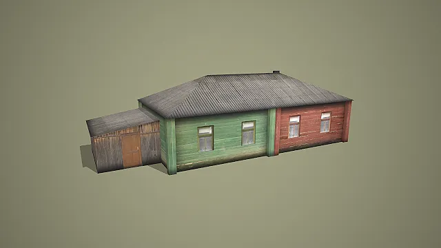 绿红拼色墙面配金属屋顶带木质附属小屋乡村平房建筑 3D 场景模型