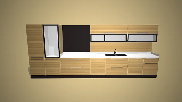 浅木色橱柜  白色石英石台面  厨房模型  一字型布局