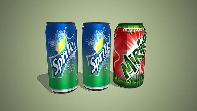 雪碧蓝绿罐与美年达草莓味罐装包装 3D 模型
