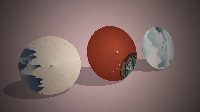 一个写实风格的3D中式油纸伞模型组合