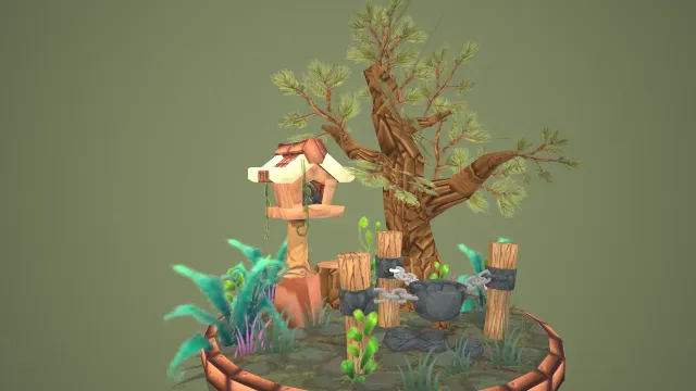 森林神社场景植物煮锅