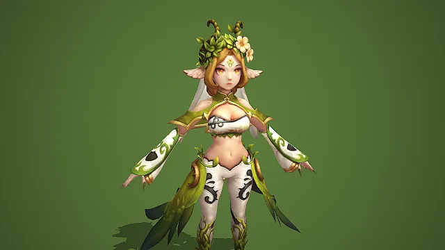 卡通 Q 版自然精灵鹿耳女法师带花叶藤纹服饰 3D 游戏角色模型