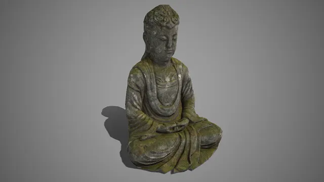 石质坐佛  禅定坐姿  神态宁静慈悲  静谧禅意  庄重与沧桑  双目微阖  青苔与斑驳痕迹