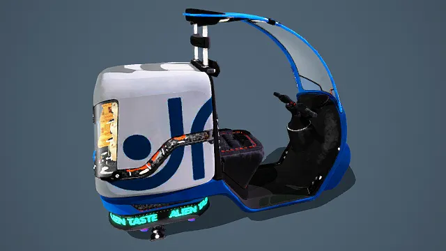 卡通风格3D科幻小型载具模型，创意设计（卡通科幻小型载具、3D模型、蓝白黑主色调、小型载具造型、弧形顶棚、发光文字）