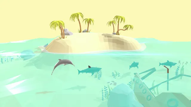低多边形等距岛屿海洋海豚动物植物场景