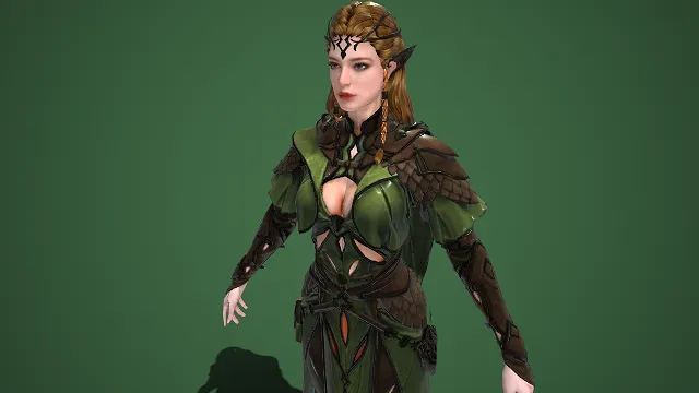森林系  女战士  森系装饰  尖耳精灵  3D 角色模型  优雅  冒险类  甲胄服饰