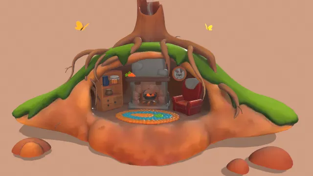 卡通风格化树洞兔子的家场景地下洞穴