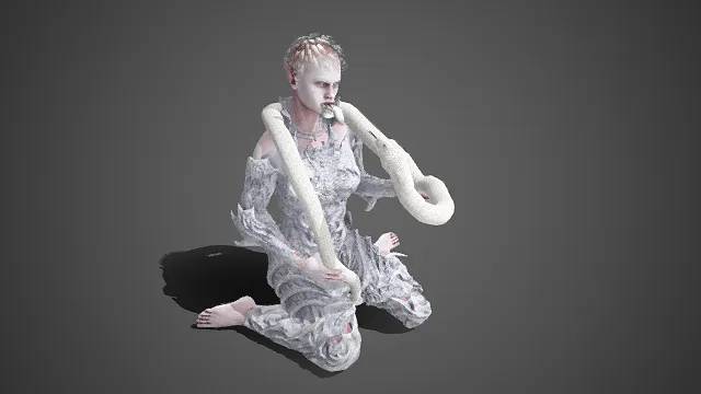 奇幻风格  角色模型  苍白肤色  尖耳造型  枯骨  巨蛇缠绕  画面充满诡异  