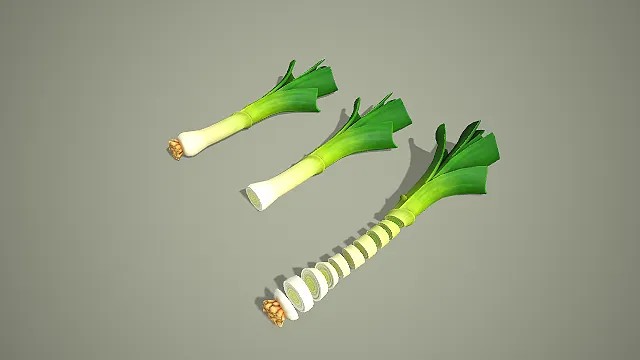 写实风格整根与切片大葱 3D 模型 生鲜食材场景搭建素材