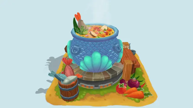 卡通风格的鱼汤锅饮食有木桶炉灶