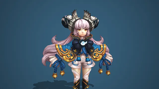 卡通 Q 版银发狐耳少女带蓝金祥云披风铃铛 3D 游戏角色模型