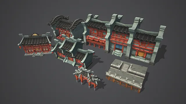 卡通Q版风格中式建筑 酒楼 牌坊3D模型