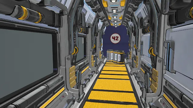 3D卡通风格银黄蓝系科幻走廊场景模型，创意设计（3D场景、卡通风格、科幻未来风，场景走廊设计主题）