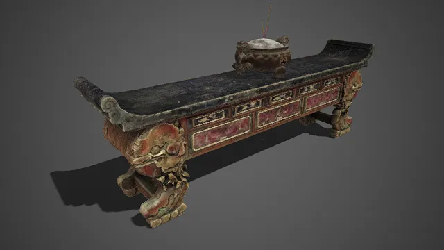 中式传统  供桌  古雅厚重  雕狮造型  带盖铜炉  莲纹  古典装饰