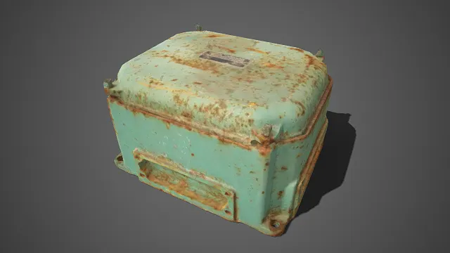 复古工业风格  电气接线箱  浅绿漆金属材质  大面积锈迹  电气设备外壳  户外使用