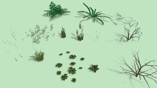 现代风格的植物3D模型，整体呈现出一个用于建筑设计或场景渲染的植被素材集合