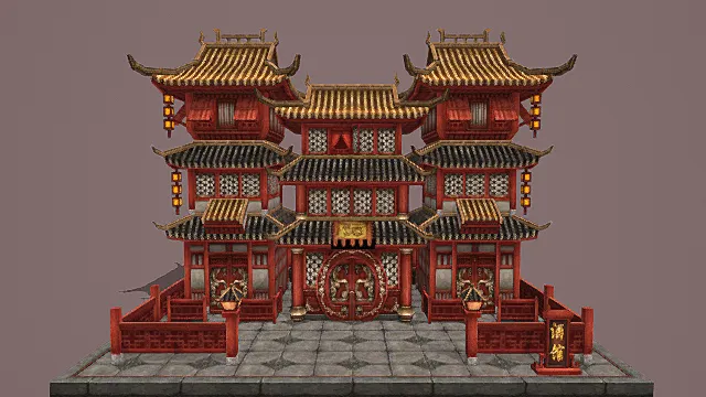卡通风格中式华丽酒楼建筑3D模型