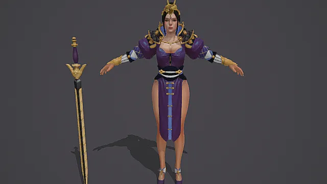 国风武侠风女性角色模型（黑金红配色华丽服饰造型）