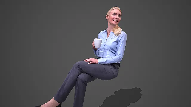 浅蓝衬衫配灰裤女性坐姿持杯轻职场人物 3D 模型