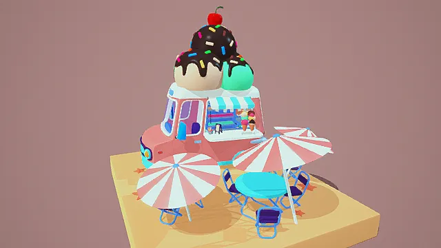 卡通风格3D冰淇淋车场景模型，创意设计（卡通冰淇淋车、3D模型、粉色车身、多彩冰淇淋、桌椅、遮阳伞、灰色背景、趣味造型
