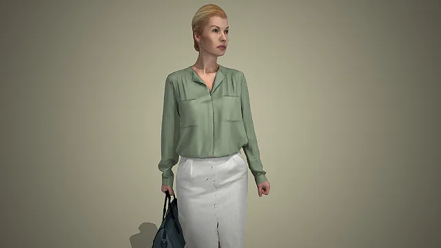 浅绿衬衫配开叉裙女性通勤行走动态 3D 模型
